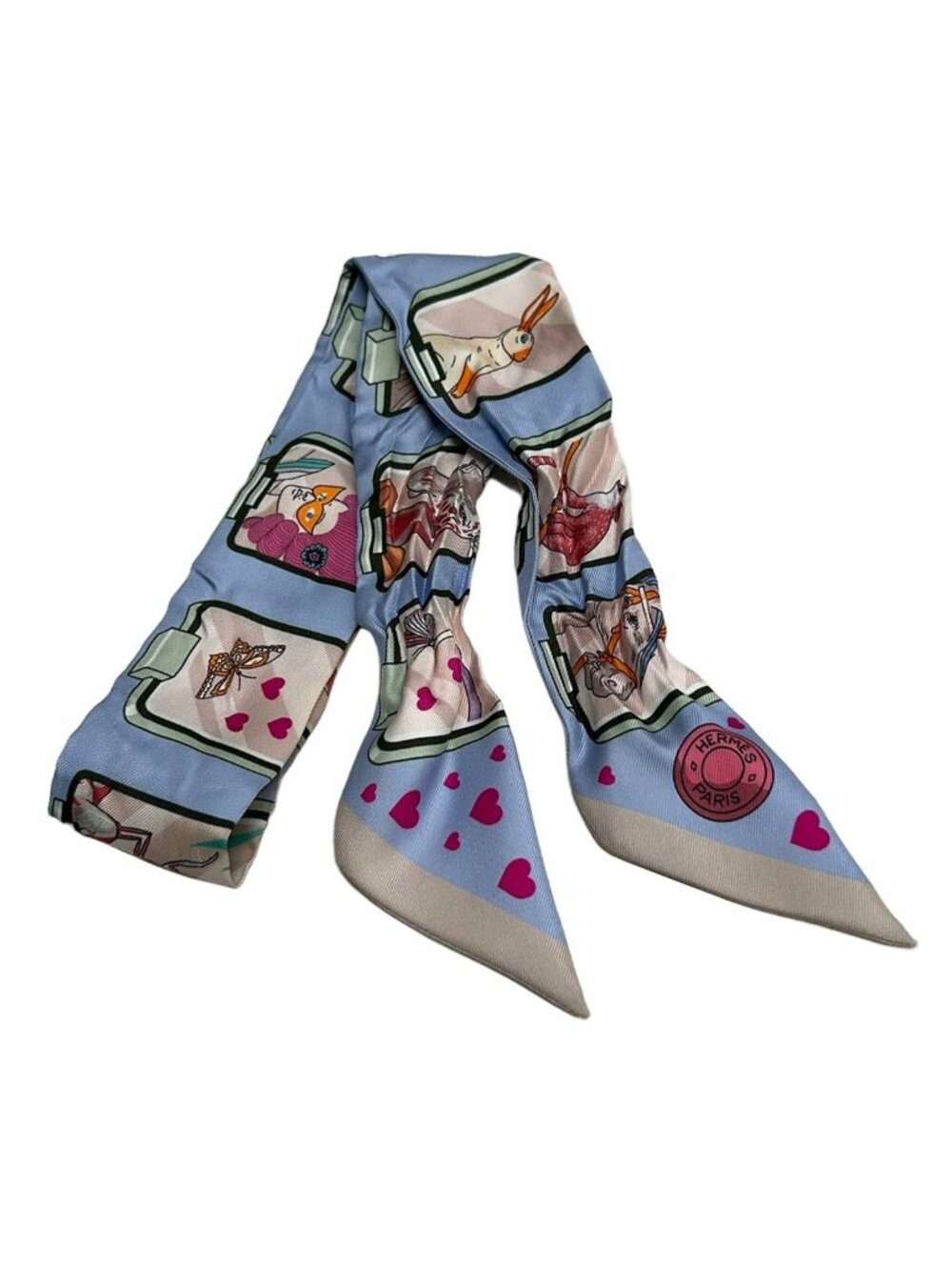 Hermes Scarf Twilly Light Blue Beige Multi Ribbon Story Silk